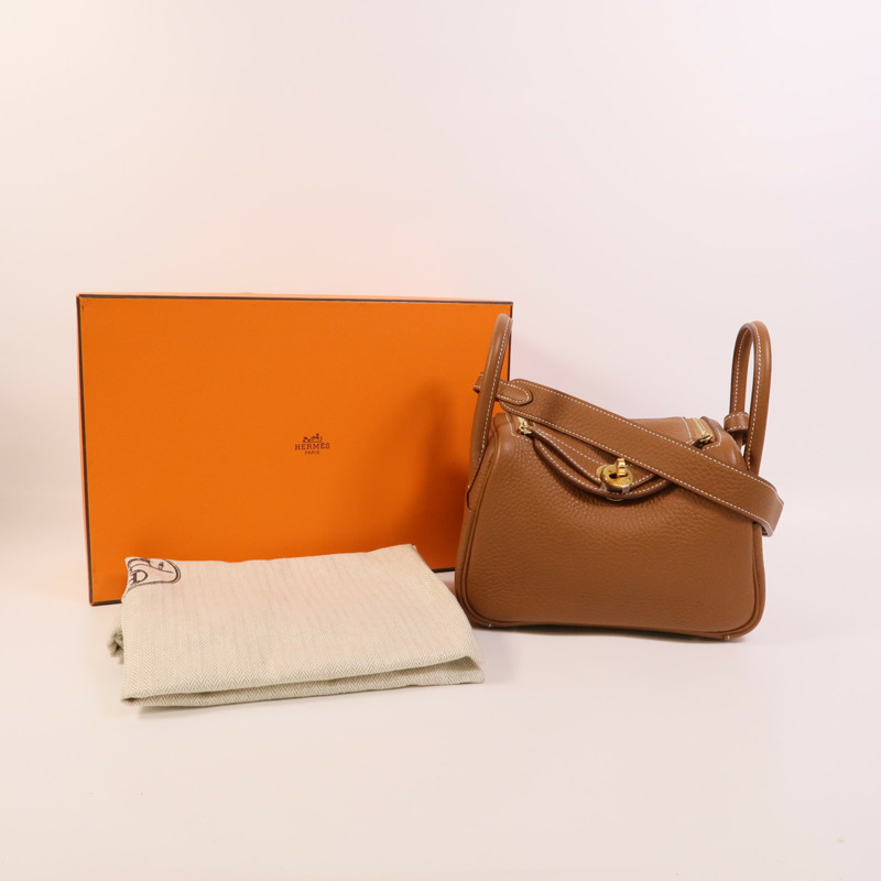HERMES Clemence皮革Mini Lindy金扣手挽肩背兩用袋Gold-10