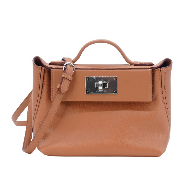 Hermes 展示品 24/24 牛皮銀扣斜背包-21cm(37金棕)-0