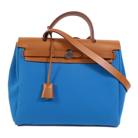 HERMES 帆布Herbag PM手挽肩背兩用袋Bleu Izmir/Ruby