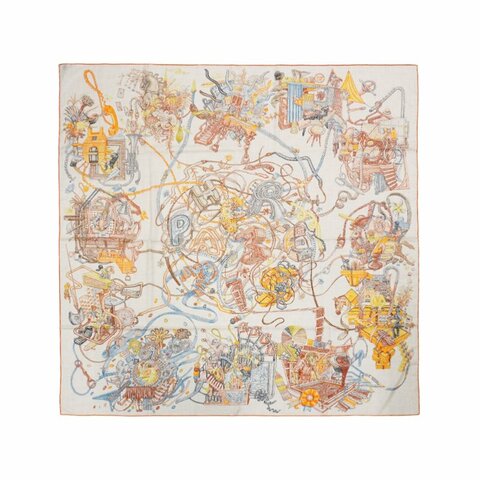 Hermes Le Monde d'Hermès 喀什米爾馬場圖印花混絲披巾/大方巾-140cm(橘/棕)