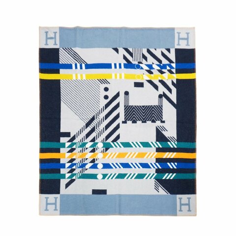 Hermes 展示品 Avalon JumpH 緹花羊毛混紡雙面薄毛毯(黑/灰/淡藍)