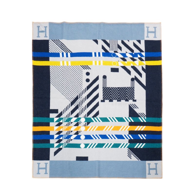 Hermes 展示品 Avalon JumpH 緹花羊毛混紡雙面薄毛毯(黑/灰/淡藍)-0