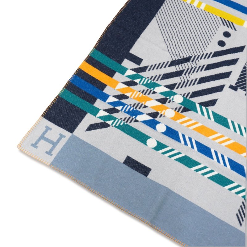 Hermes 展示品 Avalon JumpH 緹花羊毛混紡雙面薄毛毯(黑/灰/淡藍)-1