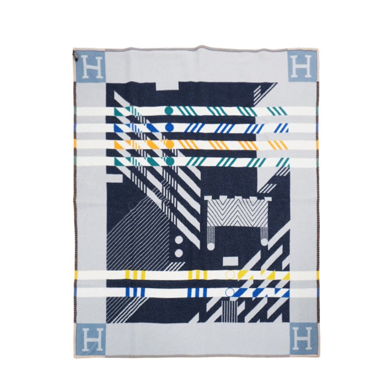 Hermes 展示品 Avalon JumpH 緹花羊毛混紡雙面薄毛毯(黑/灰/淡藍)-2