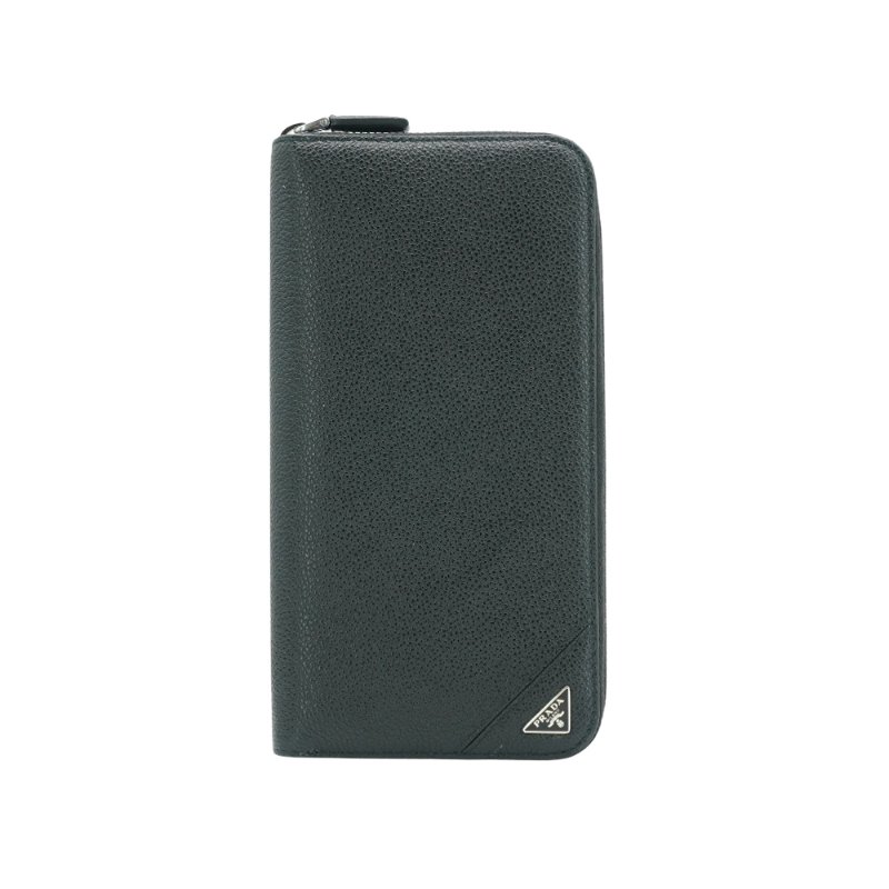 Prada 銀三角logo荔紋牛皮拉鍊長夾(2ML317-黑)-0