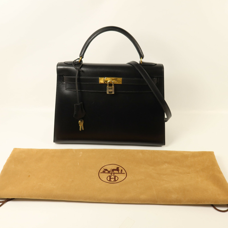 HERMES Box Calf皮革Kelly 32手挽肩背兩用袋Noir-8