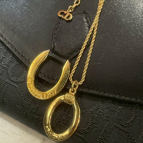 VINTAGE DIOR金色中空橢圓形品牌刻字古董項鍊