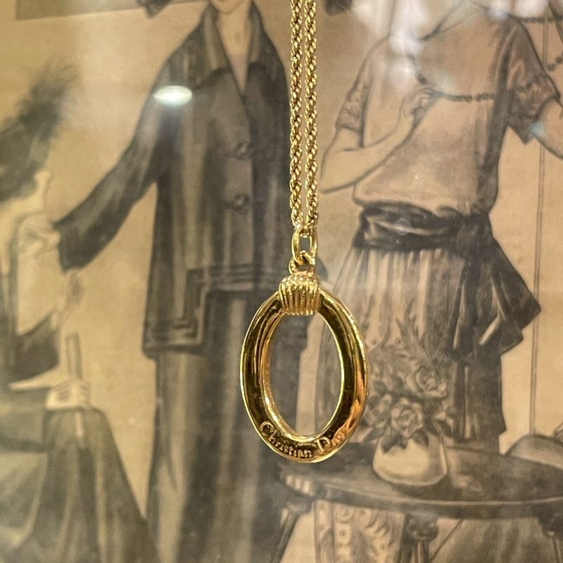 VINTAGE DIOR金色中空橢圓形品牌刻字古董項鍊-2