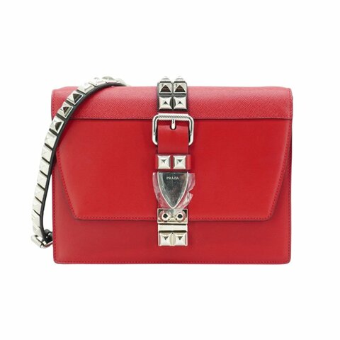 Prada 展示品 Saffiano Eleltra 銀釦全皮鉚釘鍊帶斜背包(1BD120-紅)