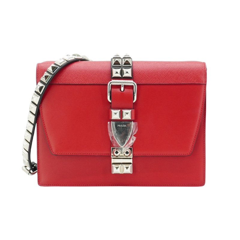 Prada 展示品 Saffiano Eleltra 銀釦全皮鉚釘鍊帶斜背包(1BD120-紅)-0