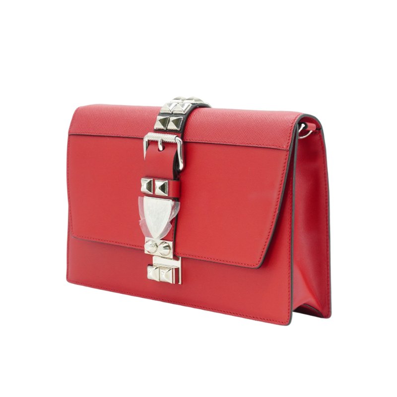 Prada 展示品 Saffiano Eleltra 銀釦全皮鉚釘鍊帶斜背包(1BD120-紅)-1