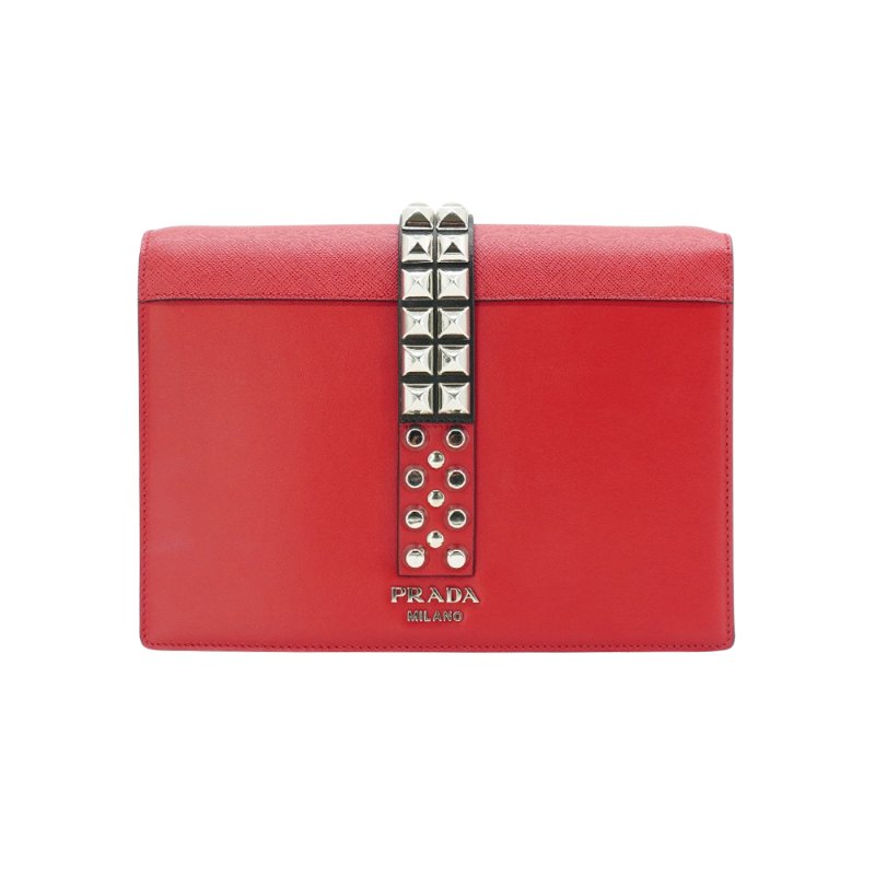 Prada 展示品 Saffiano Eleltra 銀釦全皮鉚釘鍊帶斜背包(1BD120-紅)-2