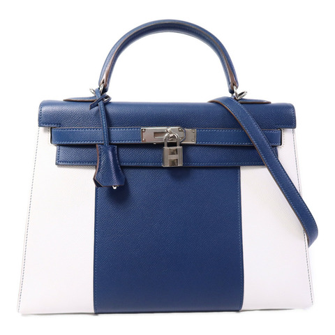 HERMES Epsom皮革Kelly 32 Club手挽肩背兩用袋Bleu Thalassa/Blanc