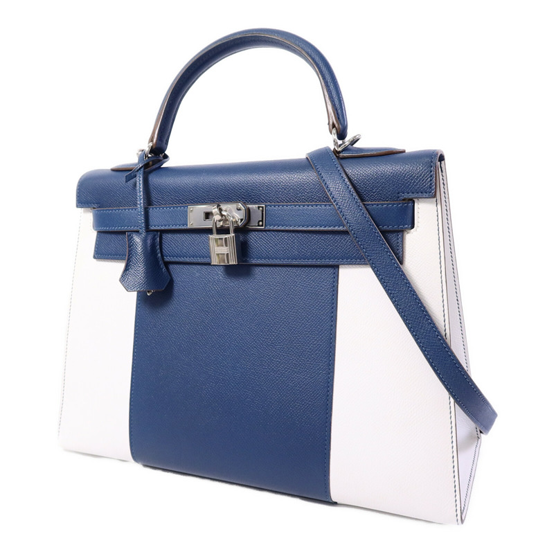 HERMES Epsom皮革Kelly 32 Club手挽肩背兩用袋Bleu Thalassa/Blanc-2