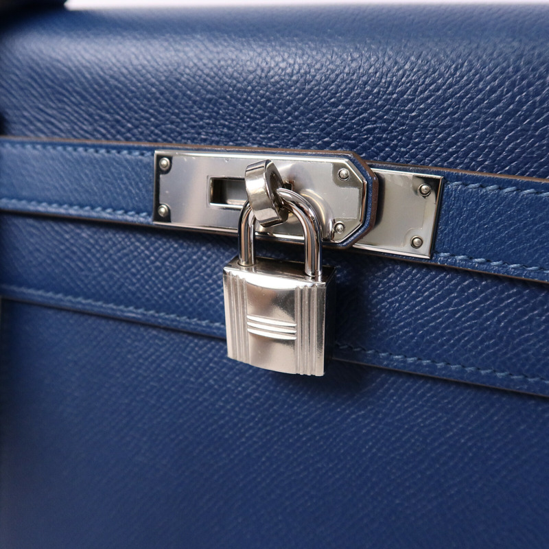 HERMES Epsom皮革Kelly 32 Club手挽肩背兩用袋Bleu Thalassa/Blanc-6