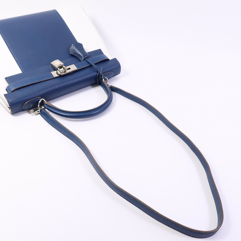 HERMES Epsom皮革Kelly 32 Club手挽肩背兩用袋Bleu Thalassa/Blanc-8