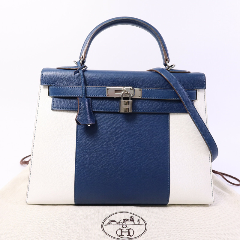 HERMES Epsom皮革Kelly 32 Club手挽肩背兩用袋Bleu Thalassa/Blanc-9