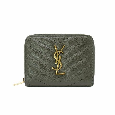 YSL 金LogoV字縫線魚子醬牛皮釦式拉鍊短夾(403723-墨綠)