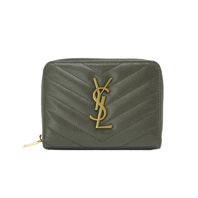 YSL 金LogoV字縫線魚子醬牛皮釦式拉鍊短夾(403723-墨綠)-0