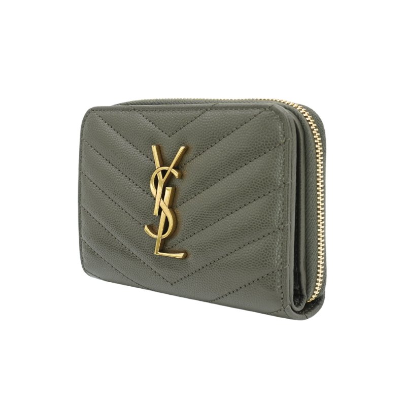 YSL 金LogoV字縫線魚子醬牛皮釦式拉鍊短夾(403723-墨綠)-1