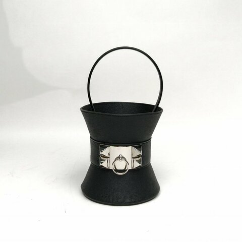 HERMES 黑色Epsom皮W刻銀扣MedorMini水桶包肩背包