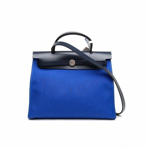 HERMES Herbag31電光藍拼午夜藍帆布/牛皮Y刻銀扣肩背包