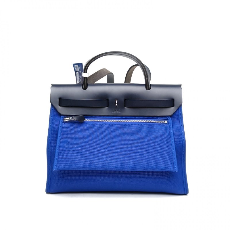 HERMES Herbag31電光藍拼午夜藍帆布/牛皮Y刻銀扣肩背包-2