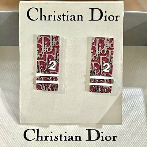 VINTAGE DIOR千禧年古董酒紅色烤漆老花長形耳夾 銀色五金