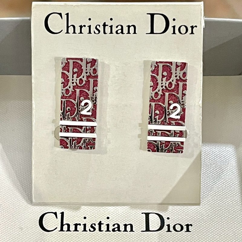 VINTAGE DIOR千禧年古董酒紅色烤漆老花長形耳夾 銀色五金-0