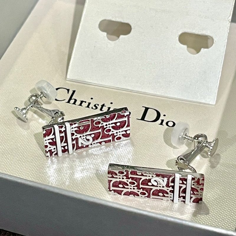 VINTAGE DIOR千禧年古董酒紅色烤漆老花長形耳夾 銀色五金-9