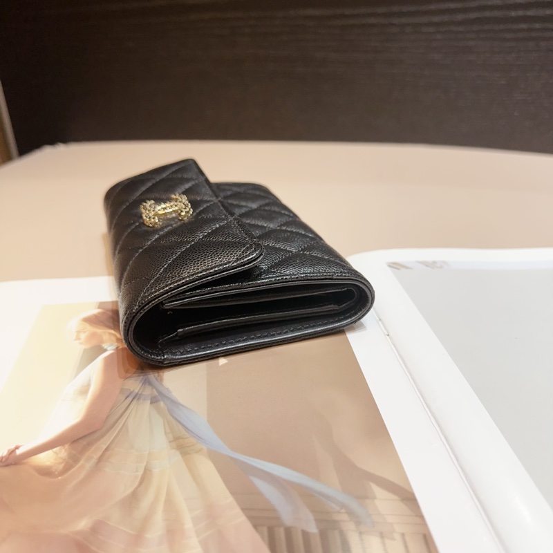 Chanel 黑荔枝牛皮鑲黑色水鑽雙logo三折中夾-3