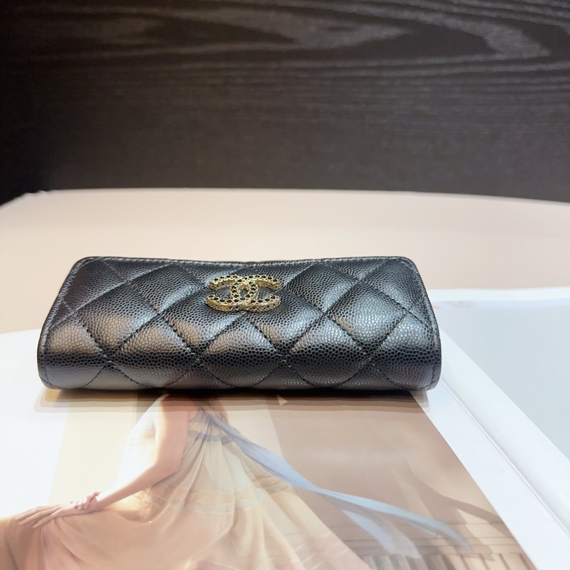 Chanel 黑荔枝牛皮鑲黑色水鑽雙logo三折中夾-5