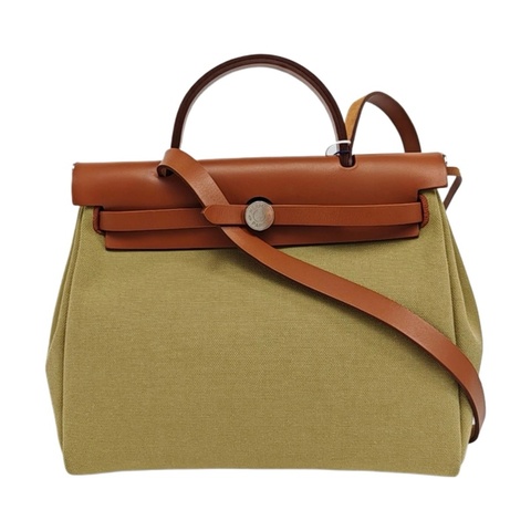 🔥9.9新HERMES Herbag 塵土色帆布單肩包手提包斜挎包 銀色五金 Y刻 ❤️正品保障