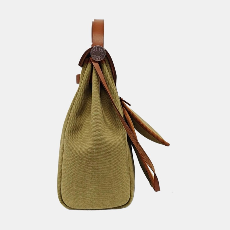 🔥9.9新HERMES Herbag 塵土色帆布單肩包手提包斜挎包 銀色五金 Y刻 ❤️正品保障-1