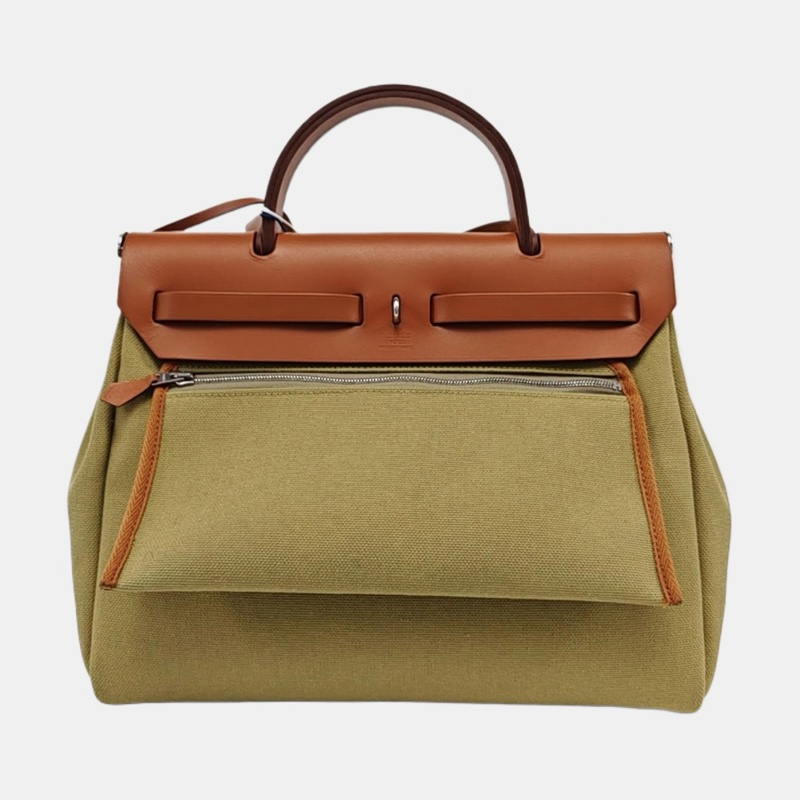🔥9.9新HERMES Herbag 塵土色帆布單肩包手提包斜挎包 銀色五金 Y刻 ❤️正品保障-3