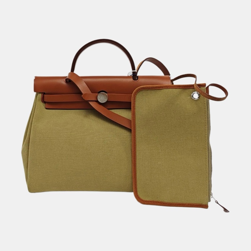 🔥9.9新HERMES Herbag 塵土色帆布單肩包手提包斜挎包 銀色五金 Y刻 ❤️正品保障-6