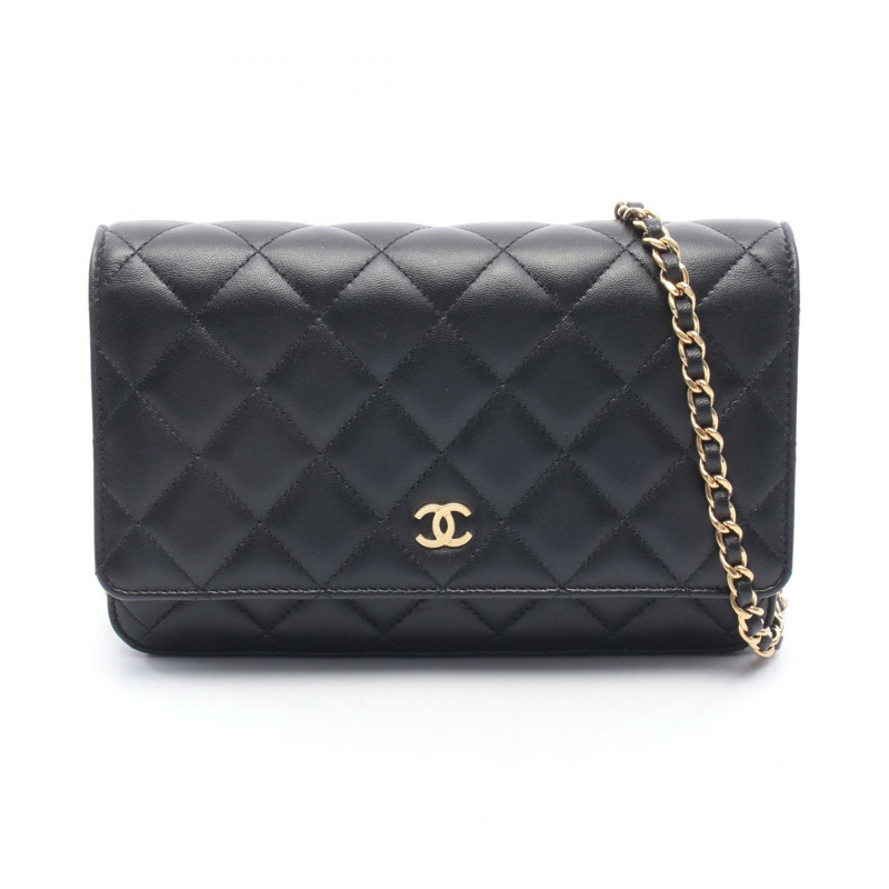 香奈兒 (CHANEL) 絎縫鏈條肩背斜背包錢包，羊皮材質，黑色，金色五金，二手-0