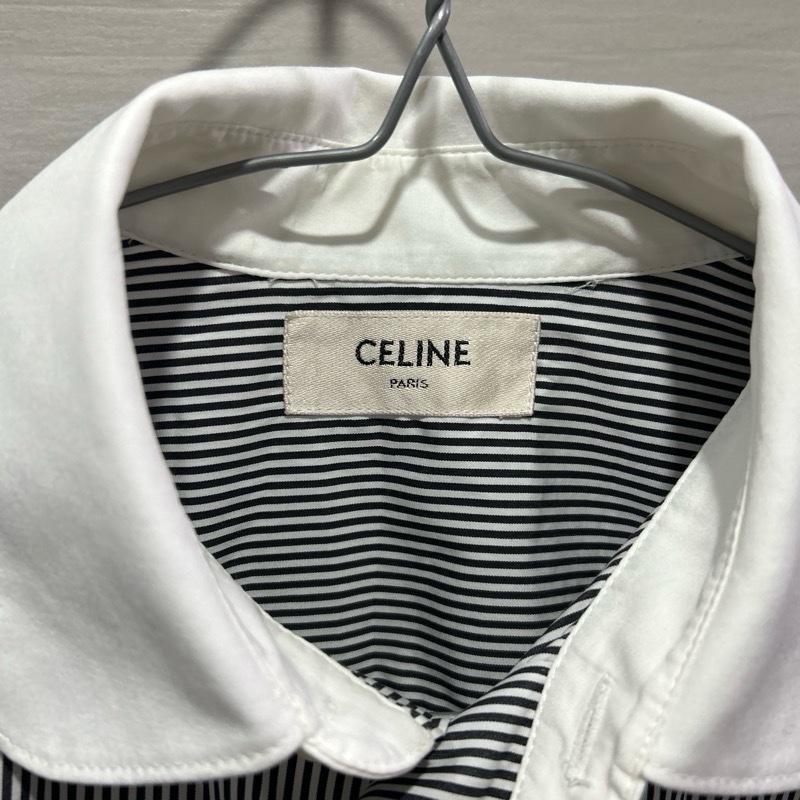【CELINE】經典藍白細條紋 拼色領口長袖襯衫-2