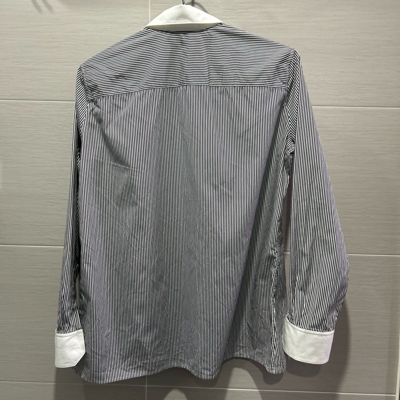 【CELINE】經典藍白細條紋 拼色領口長袖襯衫-3