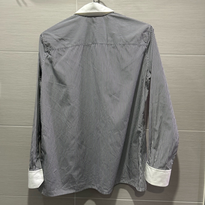 【CELINE】經典藍白細條紋 拼色領口長袖襯衫-9