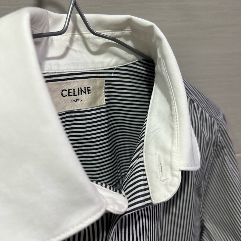 【CELINE】經典藍白細條紋 拼色領口長袖襯衫-14