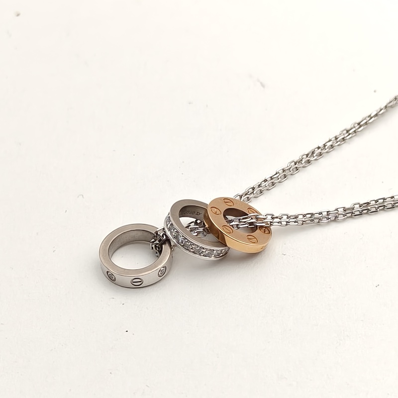 CARTIER 18K白金18K玫瑰金鑽石LOVE系列三環項鏈-1
