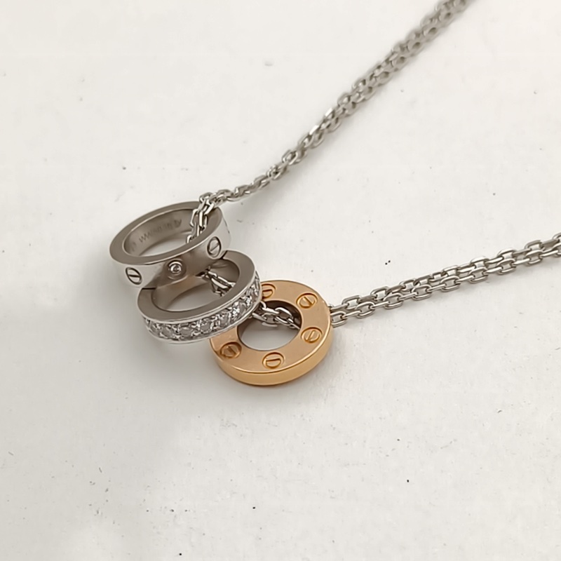 CARTIER 18K白金18K玫瑰金鑽石LOVE系列三環項鏈-2