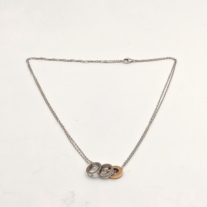 CARTIER 18K白金18K玫瑰金鑽石LOVE系列三環項鏈-4