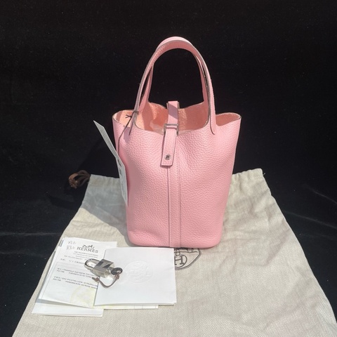 🆕HERMES 愛馬仕Picotin Lock 18 櫻花粉Clemence牛皮菜籃子手提包 銀色五金 W刻 成色接近全新✨正品保障❤️