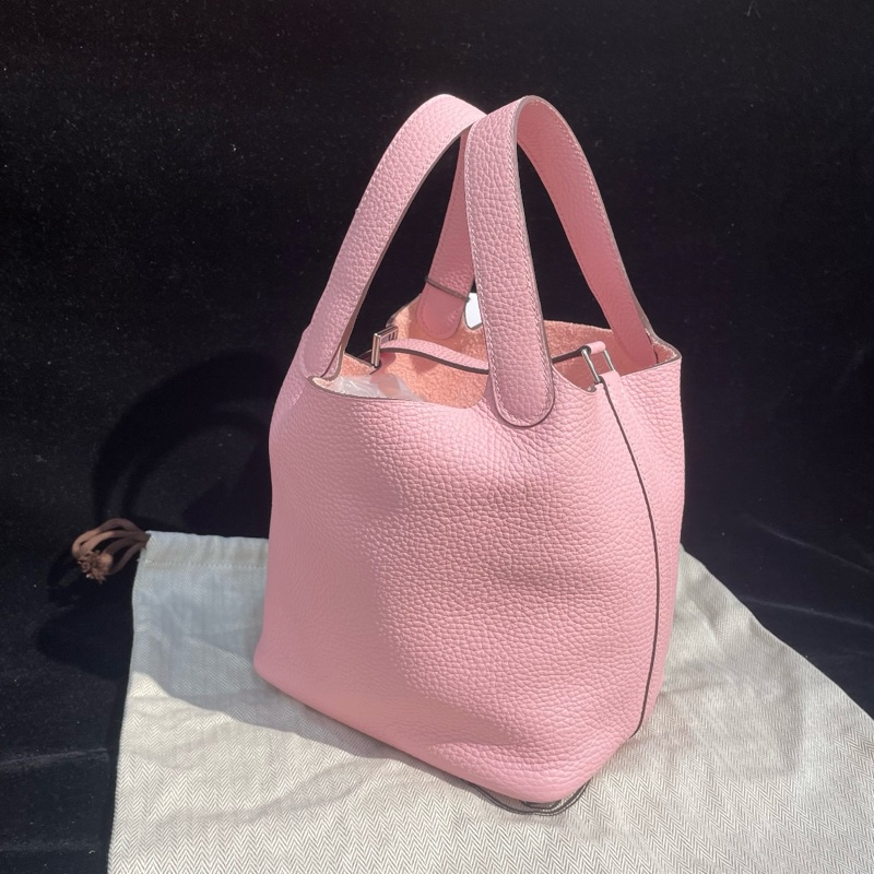 🆕HERMES 愛馬仕Picotin Lock 18 櫻花粉Clemence牛皮菜籃子手提包 銀色五金 W刻 成色接近全新✨正品保障❤️-1