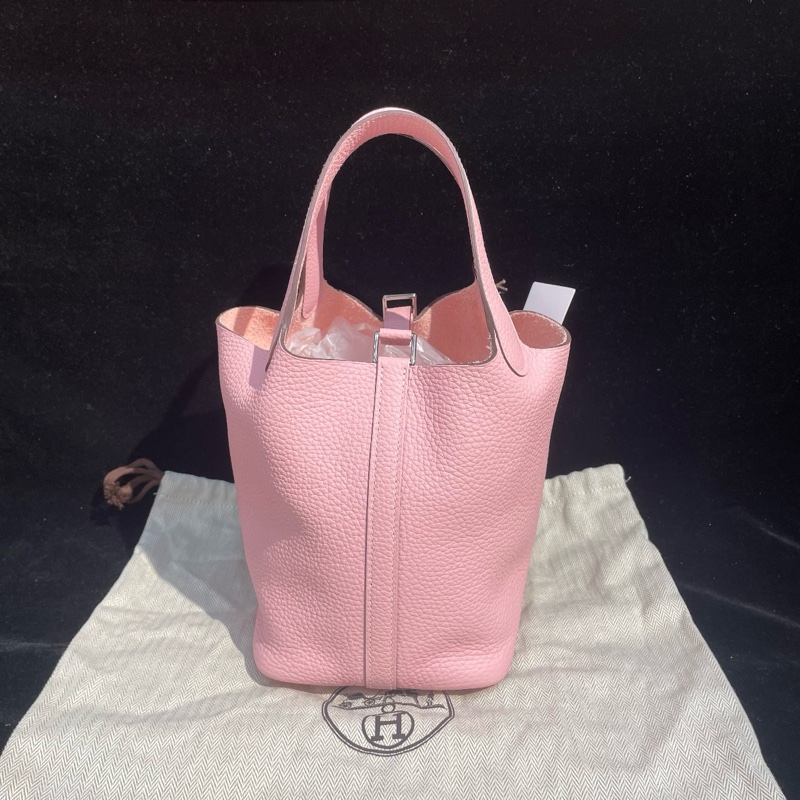 🆕HERMES 愛馬仕Picotin Lock 18 櫻花粉Clemence牛皮菜籃子手提包 銀色五金 W刻 成色接近全新✨正品保障❤️-3