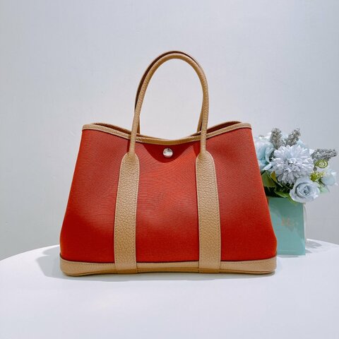TW4840 Hermes 愛馬仕 花園包 太妃糖帆布拼餅乾色真皮 Garden Party 30 Canvas Cuivre/Biscuit