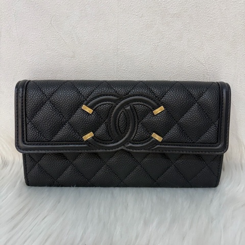 CHANEL A84448黑荔枝皮 大雙C金釦 掀蓋 釦式 長夾