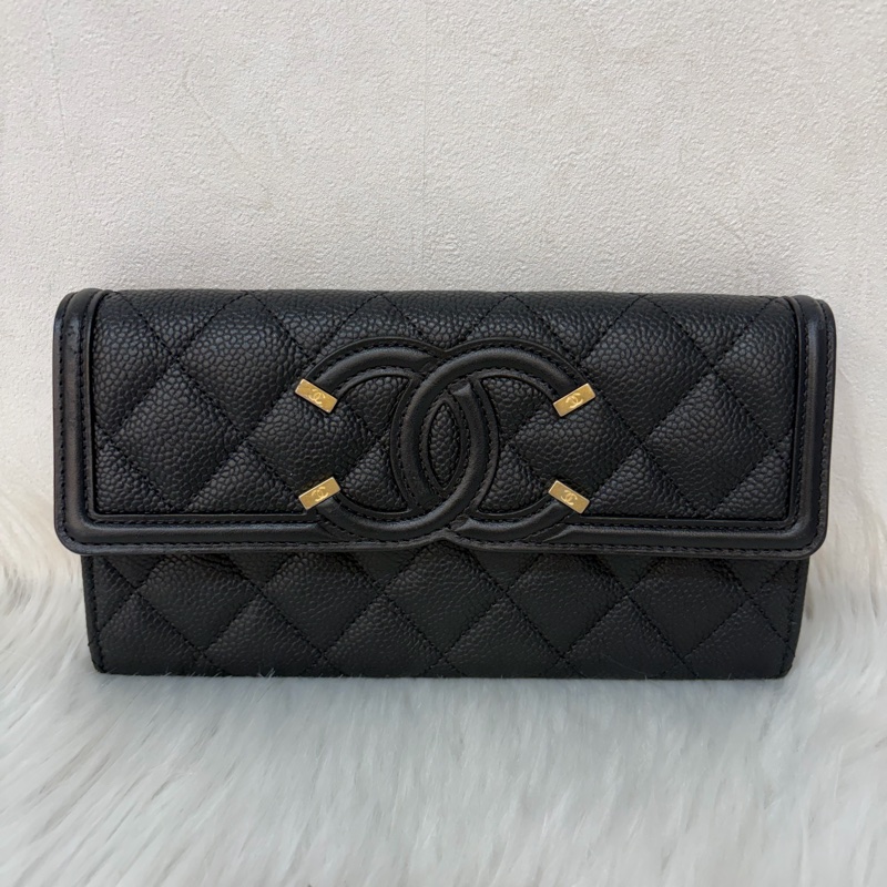 CHANEL A84448黑荔枝皮 大雙C金釦 掀蓋 釦式 長夾-0